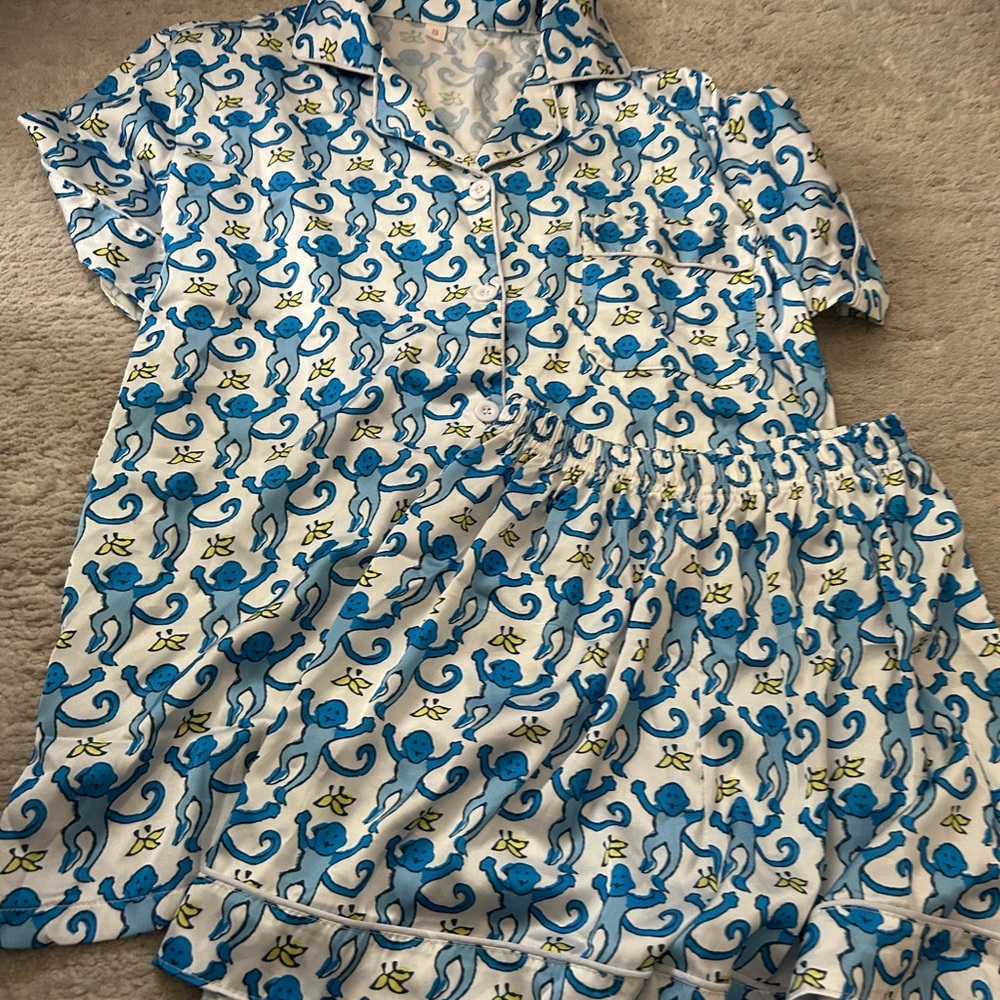 Kids Blue Monkey Print Pajama Set - Short Sleeve Top & Shorts